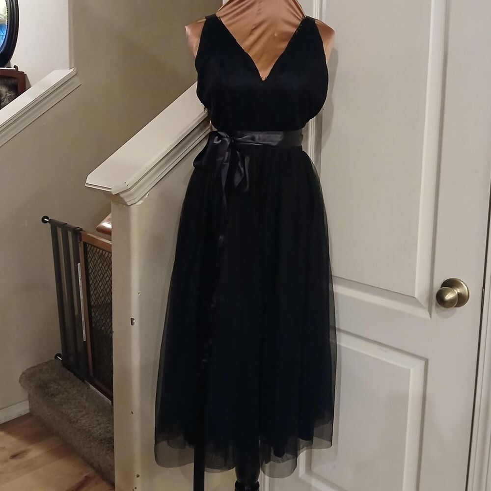 Whimsygoth Black Halter Neck Midi Dress Lace Bodice Tulle Skirt 4 Romantic Fairy
